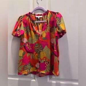Rose & Olive Pink and Orange Tropical Print Puff Sleeve Blouse
